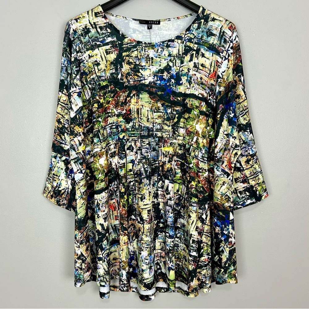 Kozan Colorful Jersey Knit Tunic Top Women’s Size 1X Abstract Art to Wear Boho
